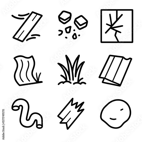 Tornado Debris Icons. Outline style icons of tornado debris: flying board, scattered brick, broken glass, torn metal, uprooted
