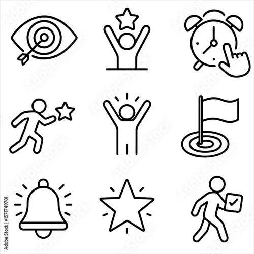 Motivational Icons Collection. Outline style icons of time targeting motivation: goal vision, success image, time push, effort