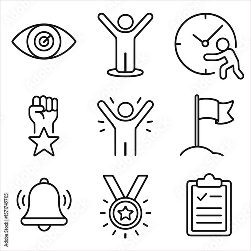 Motivational Icons Collection. Outline style icons of time targeting motivation: goal vision, success image, time push, effort