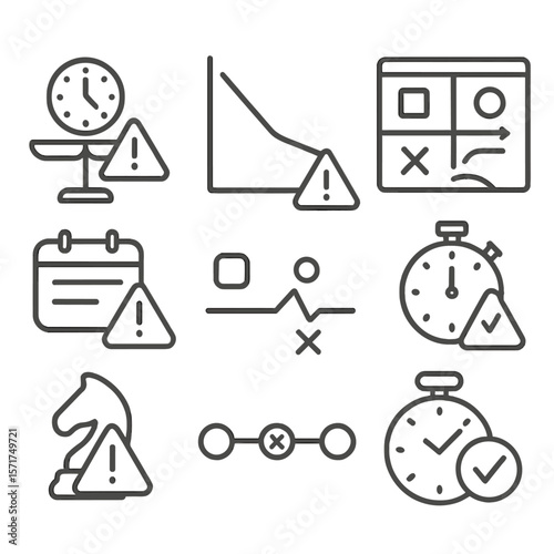 Time and Risk Icons. Outline style icons of Time Management and Risk: time vs risk scale, safety graph, risky clock symbol, safe