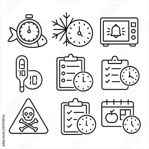 Food Safety Icons. Outline style icons of Food Safety and Timing: food expiration timer, freezer clock icon, cooking time chart,