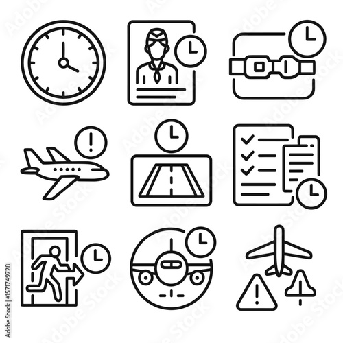 Aviation Safety Icons. Outline style icons of Aviation Time and Safety: cockpit clock, flight safety brief with timer, seatbelt