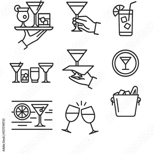 Cocktail Icons Collection. Outline style icons of Cocktail Serving: tray with cocktails, bartender hand, garnished drink, cocktail