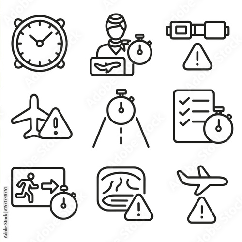 Aviation Safety Icons. Outline style icons of Aviation Time and Safety: cockpit clock, flight safety brief with timer, seatbelt