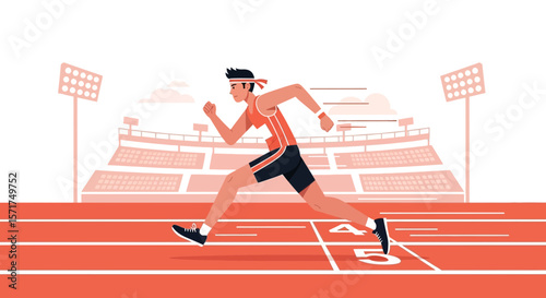 Athletic Runner Sprinting Towards Victory On The Track In Outdoor Stadium