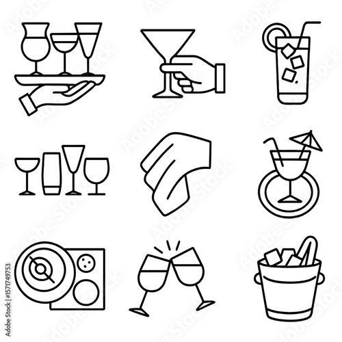 Cocktail Icons Collection. Outline style icons of Cocktail Serving: tray with cocktails, bartender hand, garnished drink, cocktail
