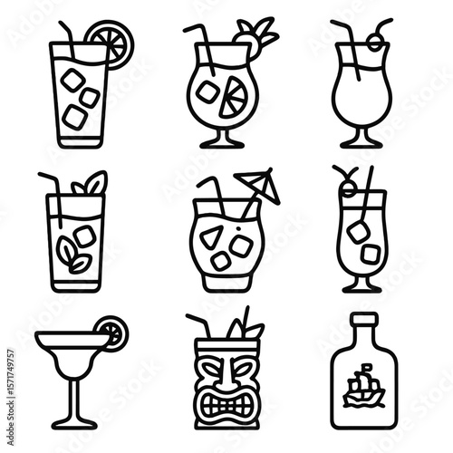 Rum Cocktail Icons. Outline style icons of Rum-Based Cocktails: dark ‘n’ stormy, rum punch, piña colada, mojito, mai tai, zombie,