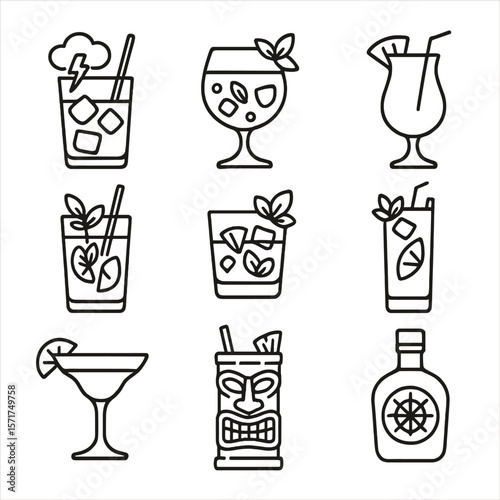 Rum Cocktail Icons. Outline style icons of Rum-Based Cocktails: dark ‘n’ stormy, rum punch, piña colada, mojito, mai tai, zombie,