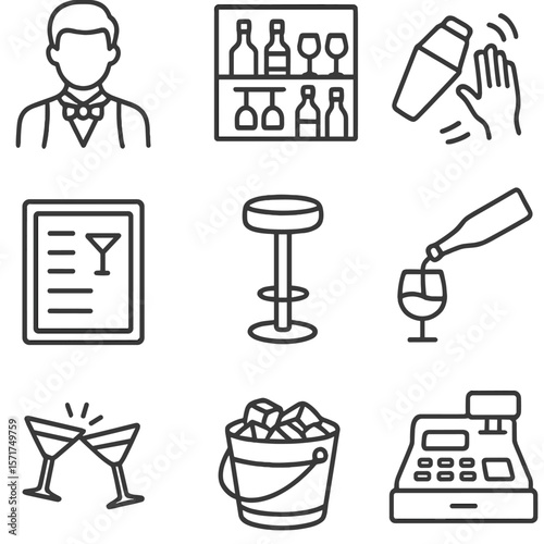Cocktail Icon Set. Outline style icons of Bar Cocktails: bartender icon, bar shelf, shaker toss, drink menu board, barstool,