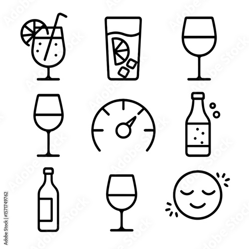 Low ABV Cocktail Icons. Outline style icons of Low ABV Cocktails: spritz glass, vermouth tonic, wine cocktail, session drink, low