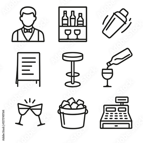 Cocktail Icon Set. Outline style icons of Bar Cocktails: bartender icon, bar shelf, shaker toss, drink menu board, barstool,