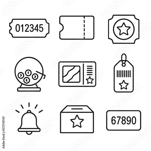Raffle Ticket Icons. Outline style icons of Raffle and Lottery Tickets: numbered raffle ticket, tear-off stub, prize icon, lucky