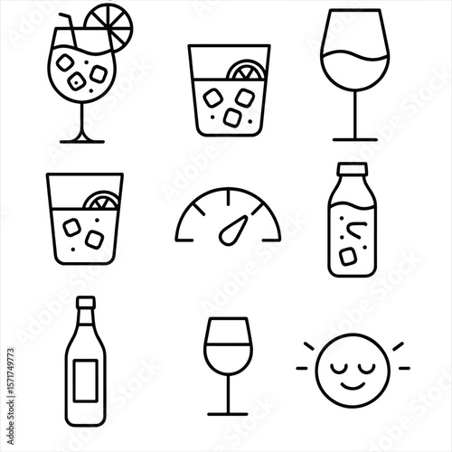 Low ABV Cocktail Icons. Outline style icons of Low ABV Cocktails: spritz glass, vermouth tonic, wine cocktail, session drink, low