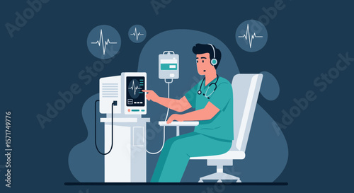 Attentive Doctor Monitoring Patient Vitals Through Modern Medical Equipment System
