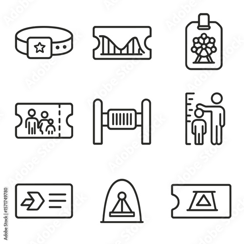 Amusement Park Icons. Outline style icons of Amusement Park Ticketing: ride access wristband, roller coaster ticket, daily park