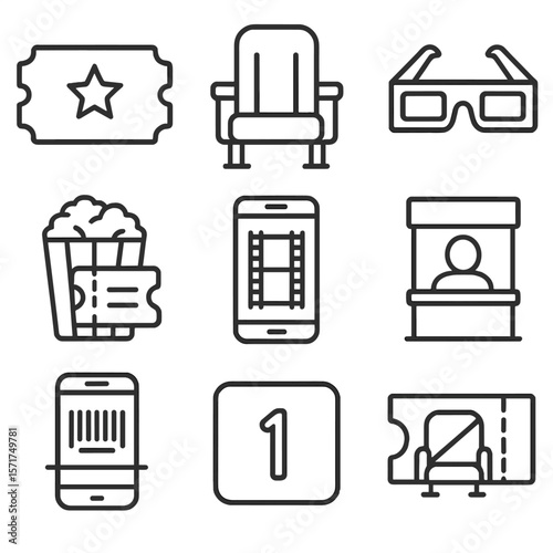 Cinema Ticket Icons. Outline style icons of Cinema Ticketing: movie ticket, theater seat, 3D glasses, popcorn pass, mobile film