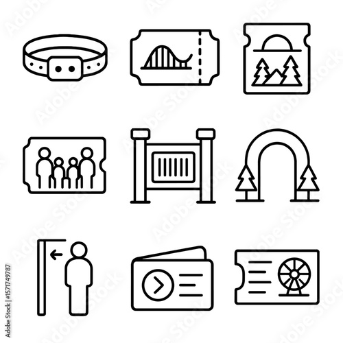 Amusement Park Icons. Outline style icons of Amusement Park Ticketing: ride access wristband, roller coaster ticket, daily park