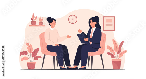 Job Interview Or Counseling Session: Two Women Talking Face To Face Business Conversation