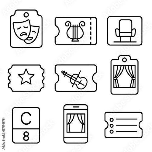 Theater Ticket Icons. Outline style icons of Theater and Performing Arts Ticketing: drama mask pass, opera ticket, seat