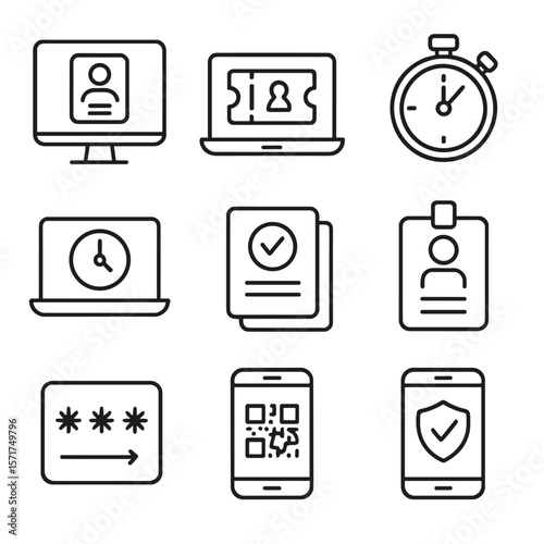 Digital Access Icons. Outline style icons of Digital Access Passes: screen badge, web ticket login, countdown timer, timed access