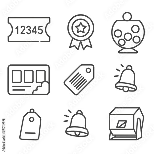Raffle Ticket Icons. Outline style icons of Raffle and Lottery Tickets: numbered raffle ticket, tear-off stub, prize icon, lucky