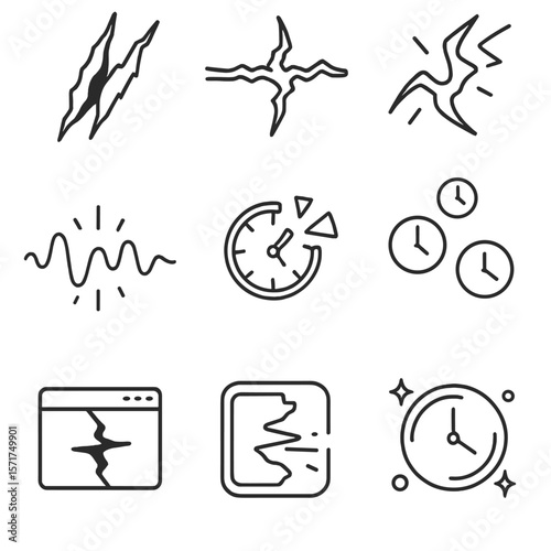 Temporal Rift Icons. Outline style icons of Temporal Rift Phenomena: jagged tear through time, unstable timeline crack, energy arc