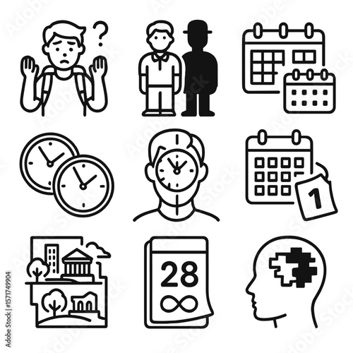Time Travel Icons. Outline style icons of Time Slip Events: confused traveler, shadow with past outfit, mirrored calendar icon,