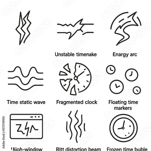Temporal Rift Icons. Outline style icons of Temporal Rift Phenomena: jagged tear through time, unstable timeline crack, energy arc