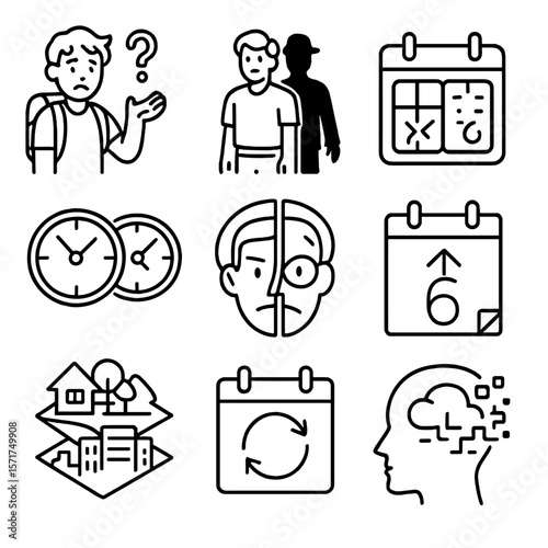 Time Travel Icons. Outline style icons of Time Slip Events: confused traveler, shadow with past outfit, mirrored calendar icon,