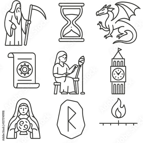 Mythic Time Icons. Outline style icons of Myths and Legends of Time: Father Time with scythe, mythic hourglass, time dragon,