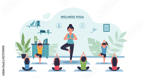 Joyful Family Yoga Session At Home For Well Being And Fitness Concept