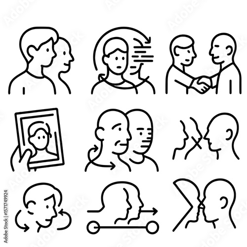Time Paradox Icons. Outline style icons of Personal Time Paradox: younger self with older self outline, identity loop, mirrored