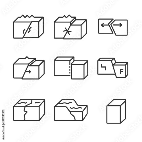 Earthquake Fault Icons. Outline style icons of Earthquake Fault Types: normal fault, reverse fault, strike-slip fault, thrust