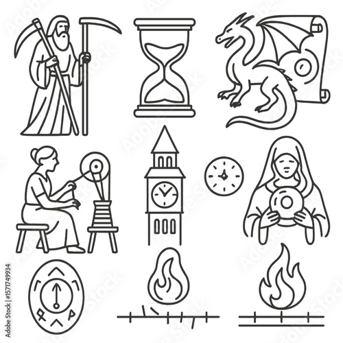 Mythic Time Icons. Outline style icons of Myths and Legends of Time: Father Time with scythe, mythic hourglass, time dragon,