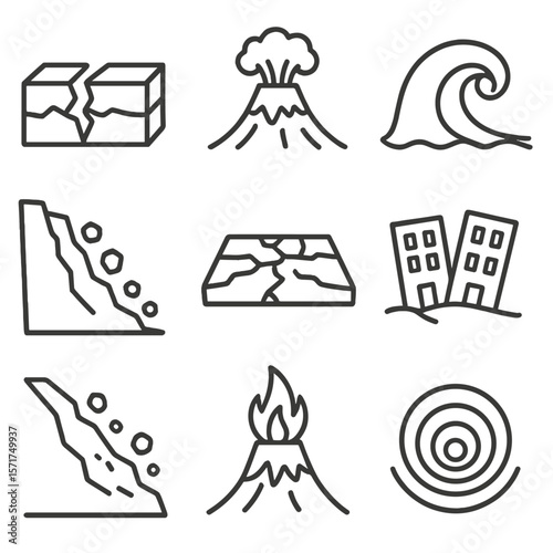 Tectonic Icons Collection. Outline style icons of Plate Tectonics and Natural Disasters: earthquake rupture icon, volcanic lava