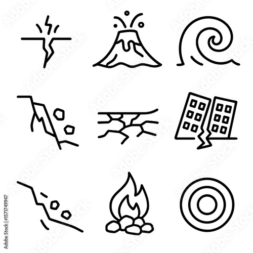 Tectonic Icons Collection. Outline style icons of Plate Tectonics and Natural Disasters: earthquake rupture icon, volcanic lava