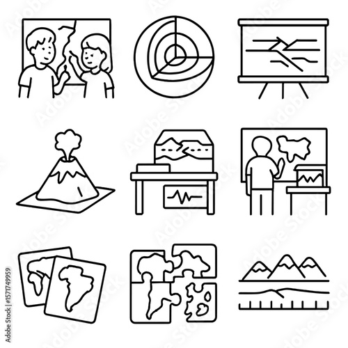 Tectonic Education Icons. Outline style icons of Tectonic Plate Education: kids pointing at plate map, earth layers cutout,