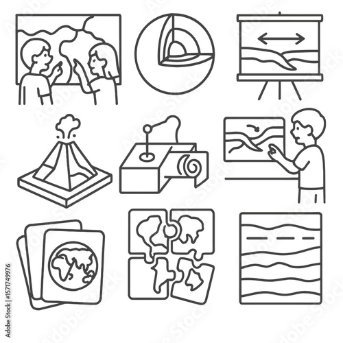 Tectonic Education Icons. Outline style icons of Tectonic Plate Education: kids pointing at plate map, earth layers cutout,