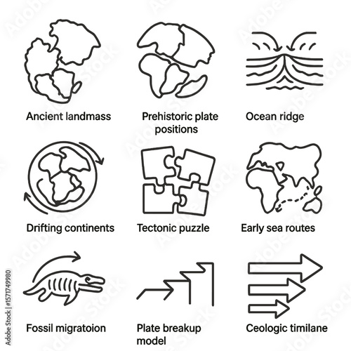 Tectonic Shift Icons. Outline style icons of Paleogeography and Tectonics: ancient landmass outlines, prehistoric plate positions,