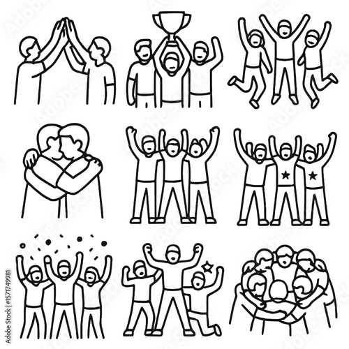Team Victory Icons. Outline style icons of Team Victory Celebration: group high five, team holding trophy, jumping with joy,