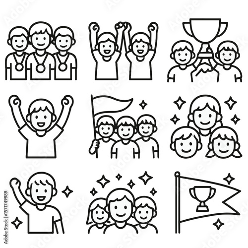 Youth Team Triumph. Outline style icons of Youth Team Victory: kids with medals, children holding hands cheering, school sports