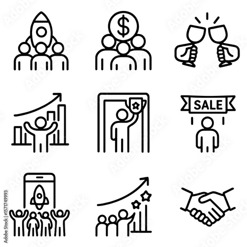 Startup Milestones Icons. Outline style icons of Startup Team Milestone: launch rocket behind group, funding round win, team toast