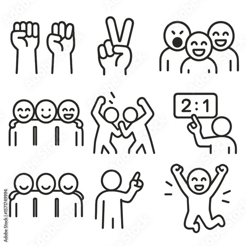 Victory Icons Collection. Outline style icons of Victory Gestures and Emotions: raised fists, peace sign victory, team shout icon,