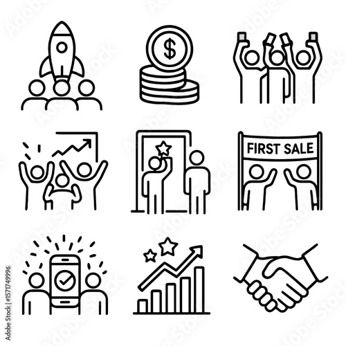 Startup Milestones Icons. Outline style icons of Startup Team Milestone: launch rocket behind group, funding round win, team toast