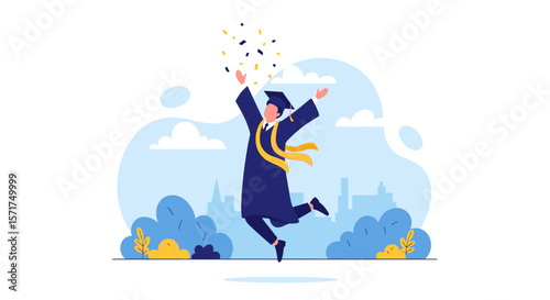 Joyful Graduate Leaping In Celebration Of Academic Achievement With Confetti