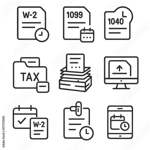 Tax Form Icons. Outline style icons of Tax Form Timeline: W-2 with date, 1099 due date, 1040 schedule icon, tax folder with form