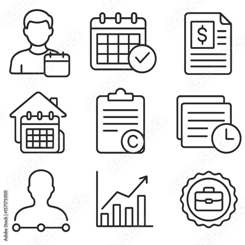 Self-Employed Tax Icons. Outline style icons of Self-Employed Tax Planning: freelancer calendar icon, gig income due date,
