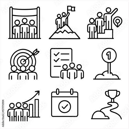 Goal-Oriented Icons. Outline style icons of Goal-Oriented Teamwork: finish line with group, mountain peak with team flag,
