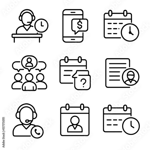 Tax Support Icons. Outline style icons of Tax Support and Assistance: help desk clock, tax hotline icon, appointment schedule, IRS