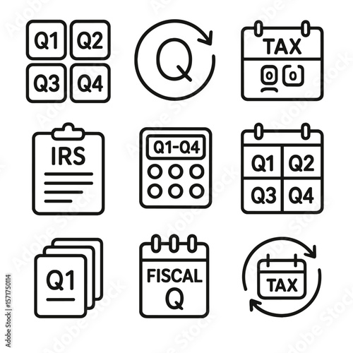Quarterly Tax Icons. Outline style icons of Quarterly Tax Schedule: Q1-Q4 grid, quarterly arrow circle, tax date blocks, IRS